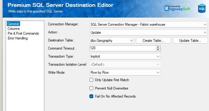 KingswaySoft SQL Server Destination Editor settings for updating dbo.Geography table